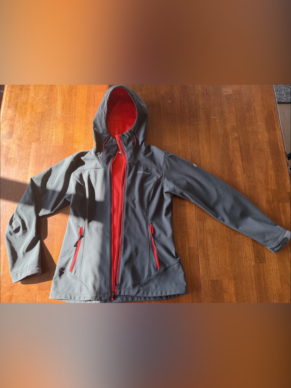 Eddie Bauer Gray Soft-Shell Windbreaker with Orange Accents